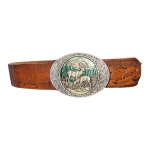 Western Country Leather Embossed Belt w/ large Painted Pewter Deer Buckle GB